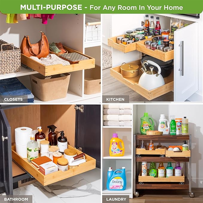 HOLDN’ STORAGE Bamboo Wooden Pull out Cabinet Organizer. 17" W x 21" D - Requires At Least a 18.25" W x 21" D.Cabinet Opening. W/Lifetime Limited Warranty. Bamboo Tray and Heavy gauge metal rails.