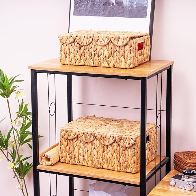Scalloped Edge Wicker Basket with Lids, Rectangle Wicker Storage Basket with Built-in Handles, Multipurpose Organizer Rattan Display Boxes for Shelf, Nursery Room, Set of 2