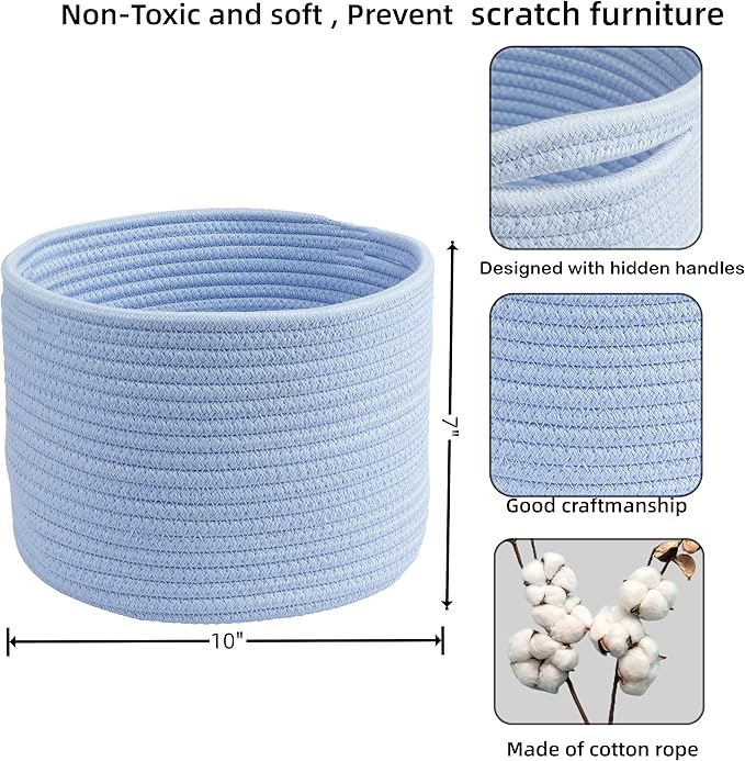 Woven Cotton Storage Baskets - 3-Pack Round Bins (10x10x7'') for Shelves, Closets & Bookcases | Durable Rope Organizers for Nursery, Baby, Toys, Easter & More (blue)