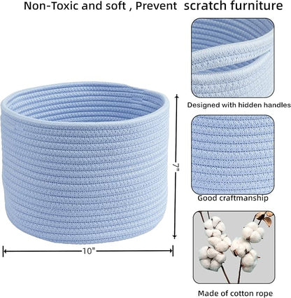 Woven Cotton Storage Baskets - 3-Pack Round Bins (10x10x7'') for Shelves, Closets & Bookcases | Durable Rope Organizers for Nursery, Baby, Toys, Easter & More (blue)