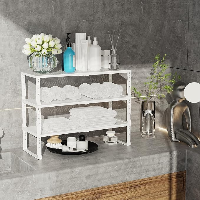 Expandable Adjustable Stackable Kitchen Organizer, Spice Rack,Metal Pantry Storage Shelves Racks,Counter Shelf for Cabinets, Countertop, Cupboard (2 Packs/Medium/White)