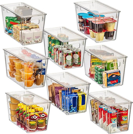 ClearSpace Modern Plastic Storage Bins with Lids Perfect Kitchen Organization or Pantry Fridge Organizer, 8 Pack, Transparent, Rectangular, 12.5" x 6" x 7", 9L Capacity, 8 Compartments