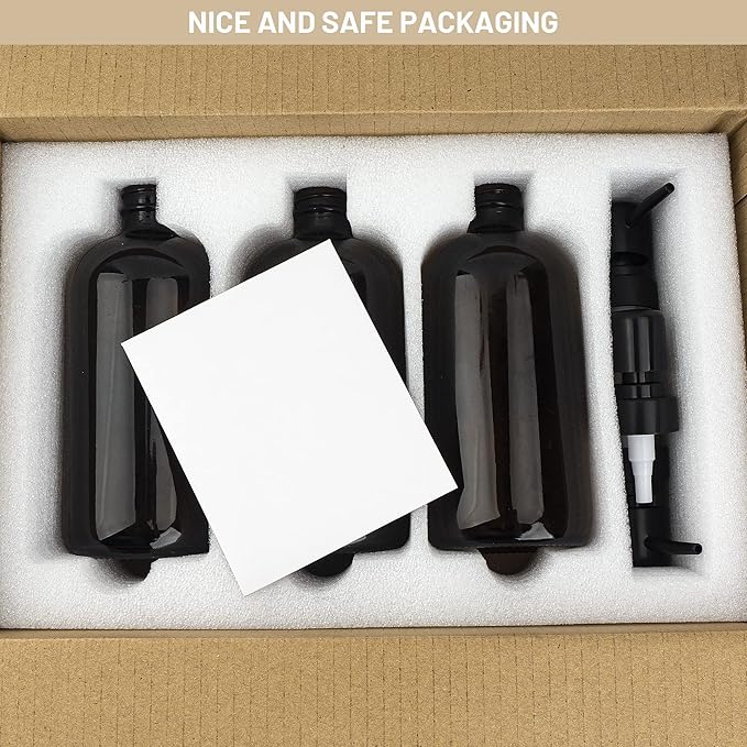 Ezebesta Set of 3 Amber Glass 16.9oz Soap Dispensers with 22 White Labels Bathroom Liquid Bottle Container with Black Pump