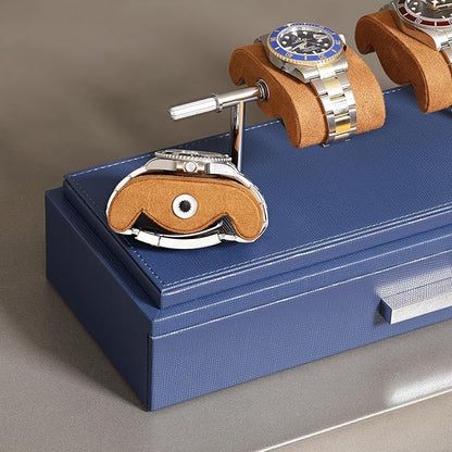 ROTHWELL Luxury Watch Display Case for 4 Watches – Leather Watch Box with Acrylic Cover and Removable Slide in Cushions – Accessory Drawer with Multiple Configurations (Blue/Tan)