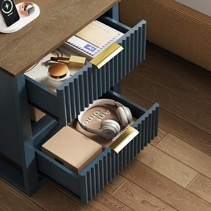 HIFYOBRO Fluted Nightstands with Charging Station & Motion Sensor Light, Modern Bedside Tables with 2 Drawers and Storage Shelf for Bedroom,Blue