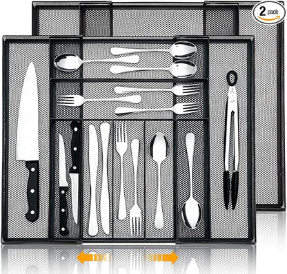 2 Pcs Utensil Drawer Silverware Organizer, Metal Mesh Expandable 13" ~24" Kitchen Drawer Organizer, 7-9 Slots Cutlery Tray Dividers for Kitchen Flatware Christmas Housewarming Gift (Black)