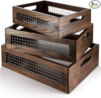 Wooden Nesting Countertop Baskets Set of 3 for Kitchen, Bathroom, Pantry|Wooden storage organizer For Fruit, Vegetables, Produce, Bread|Wooden Crate with handles|Decorative Rustic Wood and Metal Wire