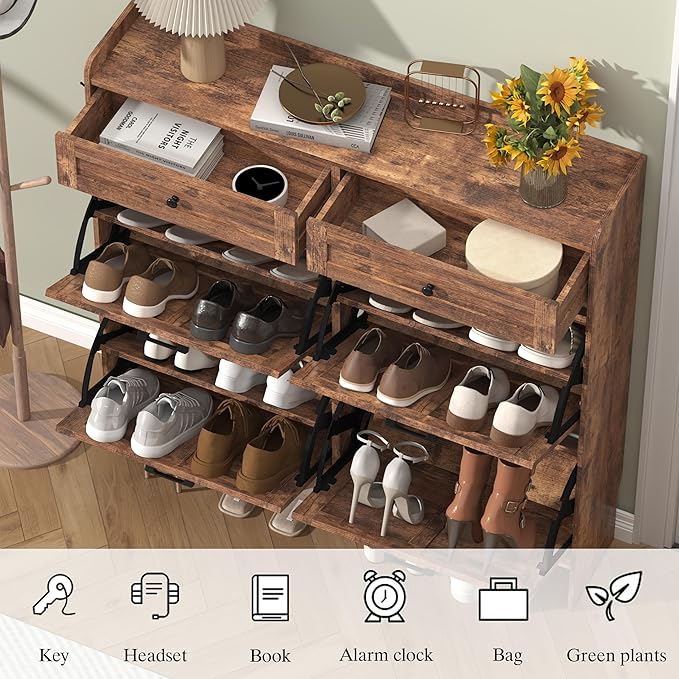 Shoe Cabinet with 4 Flip Drawers & 2 Storage Drawers, Rustic Farmhouse Narrow Shoe Organizer Cabinet, Slim Shoe Rack Cabinet, Shoe Storage Cabinet for Entryway, Hallway, Front Door