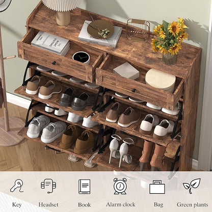 Shoe Cabinet with 4 Flip Drawers & 2 Storage Drawers, Rustic Farmhouse Narrow Shoe Organizer Cabinet, Slim Shoe Rack Cabinet, Shoe Storage Cabinet for Entryway, Hallway, Front Door