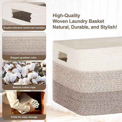 72L Large Laundry Basket with Leather Handles for Living Room Storage, Woven Rope Baskets Bin for Blanket, Kids Toy, Gifts, Wicker Hamper for Bedroom Dirty Clothes, 22"x17"x12" Gradient Brown