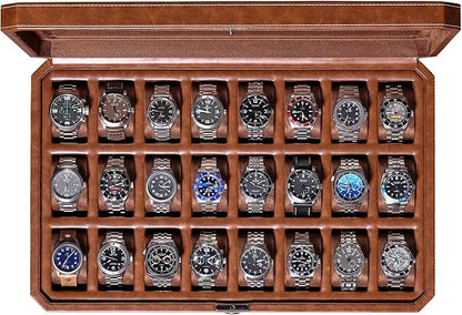 ROTHWELL 24 Slot Watch Case with Lock – Luxury Watch Box to Display and Organize Your Collection | Real Glass Top | Premium Storage for Collectors (Tan/Brown)