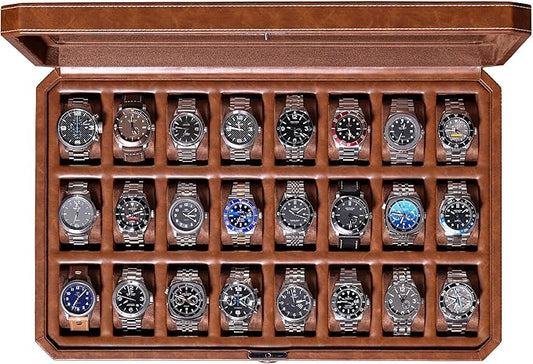 ROTHWELL 24 Slot Watch Case with Lock – Luxury Watch Box to Display and Organize Your Collection | Real Glass Top | Premium Storage for Collectors (Tan/Brown)