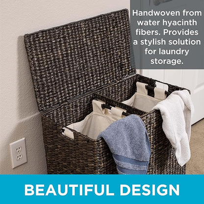 BirdRock Home Water Hyacinth Laundry Hamper Divided Interior (Espresso) | Eco-Friendly | Made of Hand Woven Hyacinth Fibers | Includes Two Removable Cotton Liners Bag | Wicker Laundry Basket with Lid