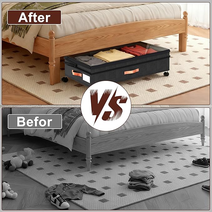 VXEAPADE 2 Pack 70L XXL Under Bed Storage with Wheels - Extra Large UnderBed Storage Containers with Clear Lid & Label, Rolling Storage Bins for Clothes, Shoes, Blankets - Black