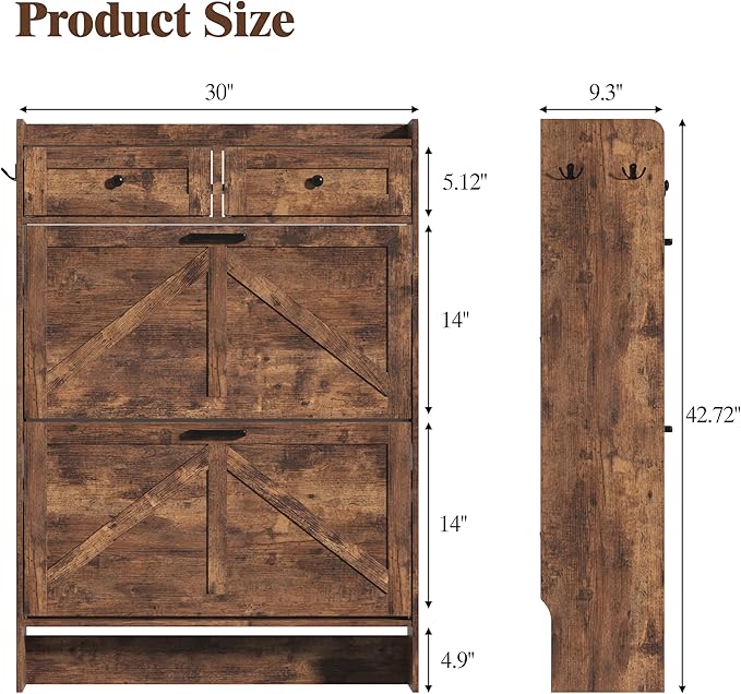 Shoe Cabinet with 2 Flip Drawers & 2 Storage Drawers, Rustic Farmhouse Narrow Shoe Organizer Cabinet, Slim Shoe Rack Cabinet, Shoe Storage Cabinet for Entryway, Hallway, Front Door