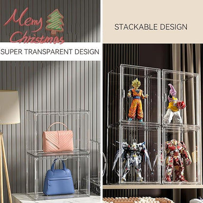 ZLLZUU Clear Stackable Plastic Storage Bins with Lid, Dustproof Book Cosmetic Acrylic Display Cases with Magnetic Door, Large Figures Collectibles Showcase