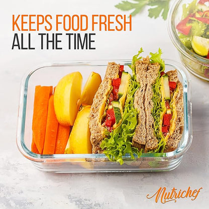 NutriChef 10 Piece Glass Food Storage Containers with Lids – 30 oz Meal Prep Containers Reusable – Airtight Glass Lunch Containers for Food Storage – Freezer to Oven Safe - Blue