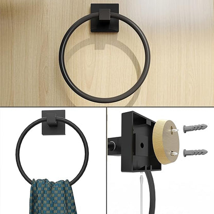 Ruacq 4 Pieces Bathroom Hardware Set Matte Black Square Stainless Steel and Zinc Alloy Modern Wall Mounted,18-Inch Towel Bar,Toilet Paper Holder,Towel Ring,Robe Hook,Bathroom Accessories Kit