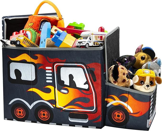 KAP Toy box for boys, Junior size, interactive Light up LED Toy chest, Children's Decorative Racing Truck Storage Bin, Toy Storage, Foldable Storage/Toy Box, Pop up Organizer, (Racing Collection)