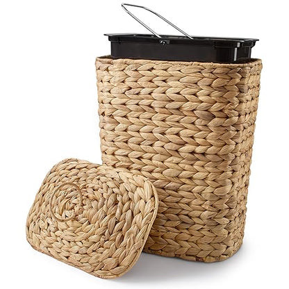 4 GALLONS Wicker Waste Basket - Wicker Trash Can with Lid - Water Hyacinth Bathroom Garbage Can with a Lid - Bathroom Trash Can Boho Style - Removable Liner, Iron Frame (Natural, 4 Gallons)