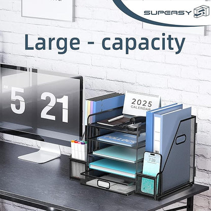 SUPEASY Mesh Desk Organizer with File Holder, 5-Tier Paper Letter Tray Organizer with Magazine Holder, Desktop Organizer and Storage with Drawer for Office Supplies Home or School (Black)
