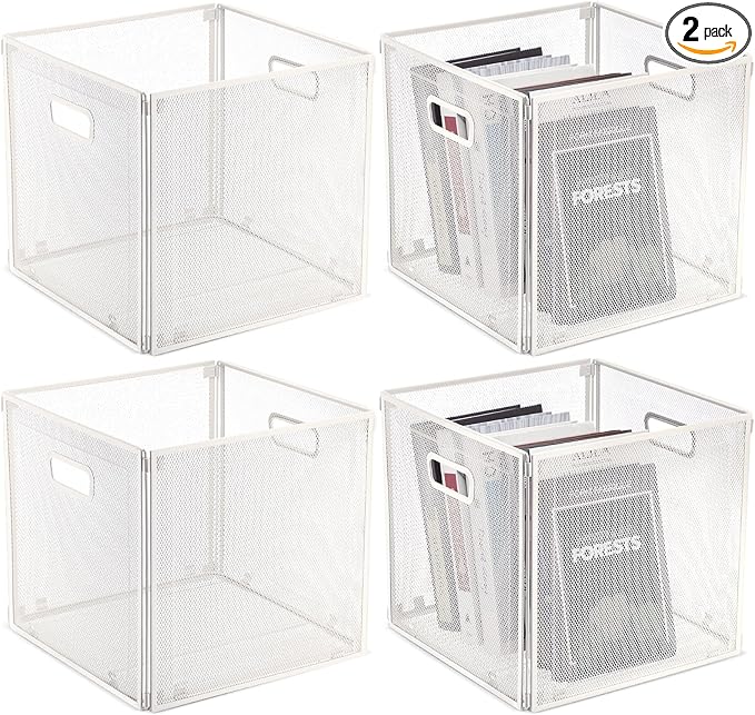 2 Pcs Foldable Metal Cube Storage Baskets 13x13 Kitchen Wire Baskets Stackable Mesh Laundry Organizer Bin with Handles for Shelves Kitchen Pantry Cabinets Closet Food (White)