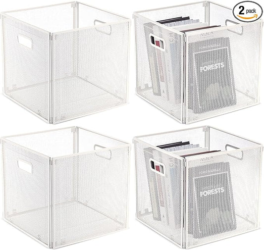 2 Pcs Foldable Metal Cube Storage Baskets 13x13 Kitchen Wire Baskets Stackable Mesh Laundry Organizer Bin with Handles for Shelves Kitchen Pantry Cabinets Closet Food (White)