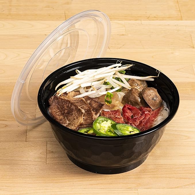 TIYA Food Bowls - Black Plastic To-Go Containers - Reusable, Microwavable, Dishwasher Safe - Leak-Resistant for Soups & Meal Prep (42 oz Bulk 120 Pack with Clear Lids) - BPA-Free