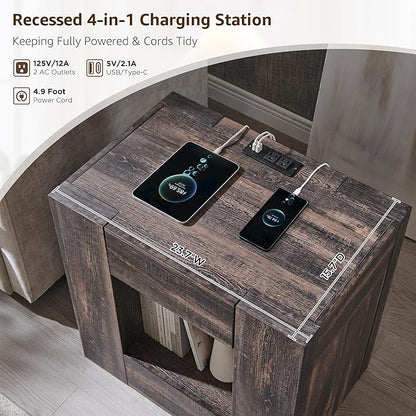 OKD 24'' Modern Nightstands Set of 2, Large Wooden End Table with Charging Station & Drawer & Storage Shelf, Rustic Square Bedside Table for Bedroom, Living Room, Wood Thick Design,Dark Rustic Oak