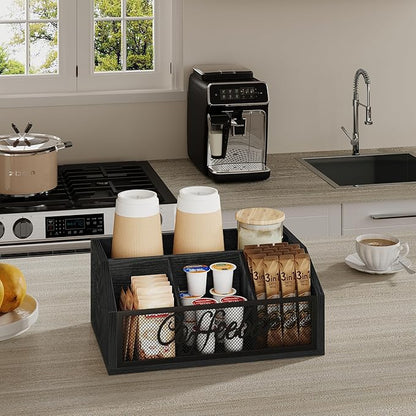 YINMIT Coffee Station Organizer for Countertop, Wood Coffee Bar Organizer with Removable Dividers for Pods, Syrup, Cups, Stirrer, Tea - Office Bar Accessories, Black