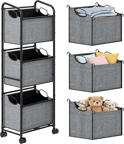 110L Vertical Rolling Laundry Basket Organizer with Wheel, 3-Tier Dirty Clothes Laundry Hamper, 3-Section Laundry Sorter Cart, Portable Laundry Baskets for Small Space, Dorm, Laundry, Closet, Bathroom