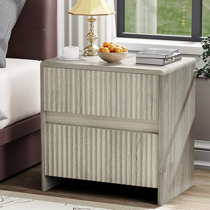 HOCAT Fluted Nightstand, 23" Wood Bedside Table with 2 Storage Drawers, Modern Night Stand for Bedroom, Office, Grey