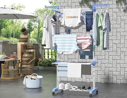 HOMIDEC Clothes Drying Rack, Large 4-Tier Foldable Drying Rack Clothing (67.7H x 19.7W x 30L Inches), Movable with 4 Castors. Multifunctional Stainless Steel Laundry Drying Rack, Blue