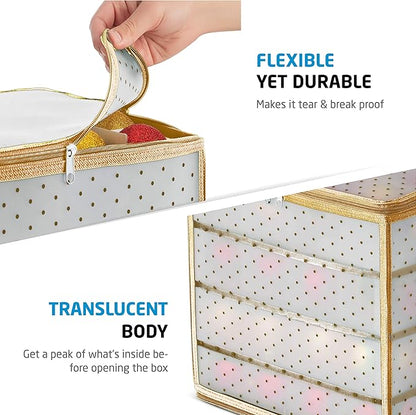 ZOBER Christmas Ornament Storage Box Plastic - Stores 64 3" Ornaments with Individual Trays - Ornament Organizer Storage Box, Durable Christmas Containers Holder - Gold