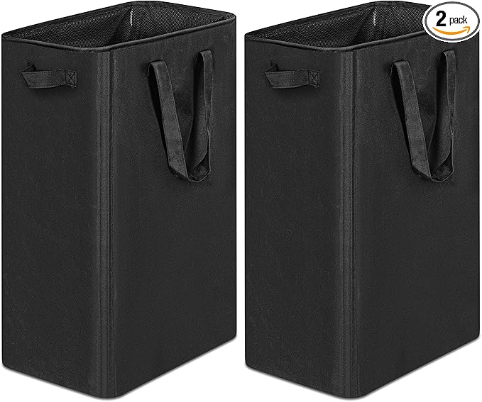 efluky Slim Laundry Basket, Narrow Laundry Hamper with Handles, Collapsible Dirty Clothes Hamper, Tall Laundry Bin for Laundry Room, Dorm and Bedroom, 19.8 Gallon(75L) Black (Pack of 2)