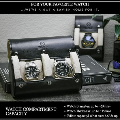 2 Watches Travel Case for Men - Mirage Watch Roll - Jade Black/Ivory White Vegan Leather