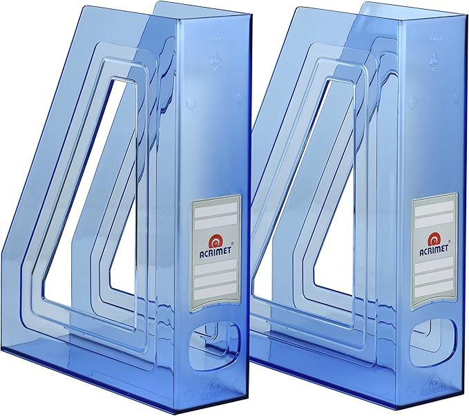 Acrimet Magazine File Holder – Vertical Rack for Documents, Folders and Mail, Durable Plastic Desk Organizer for Office & Home, Clear Blue (2 Pack)