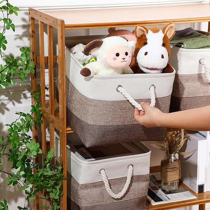 meekoo 8 Pack Collapsible Storage Bins Fabric Storage Bins Polyester Fabric Baskets with Handles Linen Closet Organizer for Shelf Home Closet Towels Toys(15 x 11 x 9.5 in,Mixed Beige)
