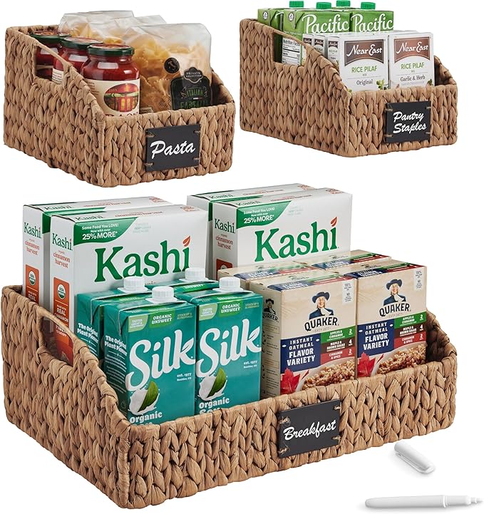 Best Choice Products Natural Hyacinth Angled Pantry Storage Baskets, Large Woven Wicker Storage Bins w/Handles, Storage Container Baskets for Shelves, Chalkboard Label & Marker (Set of 3) – Chestnut