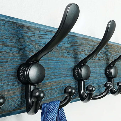 Dseap Coat Rack Wall Mount - Heavy-Duty Robust Barnwood-Style Wooden Wall Coat Hanger Hook Rail with 5 Triple Hooks for Winter Coats Hat Jacket Clothing, Weathered Blue & Black, Pack of 2