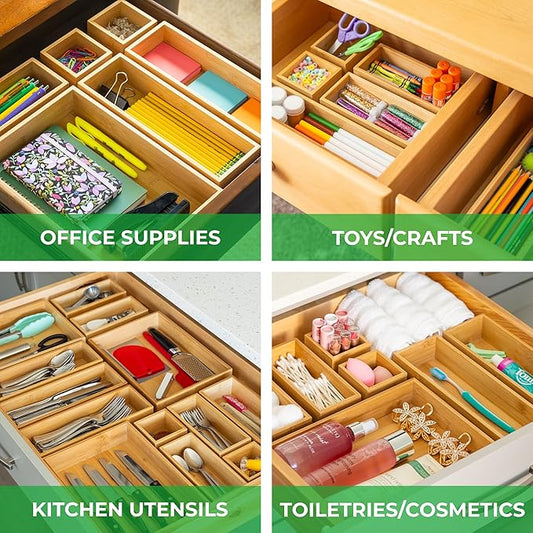 Grow Forward Bamboo Drawer Organizer Boxes - Set of 14 Wooden Drawer Organizers for Kitchen, Bathroom, Office, Desk, Vanity, Makeup - Non-Slip Junk Drawer Organizer Trays for Storage and Organization
