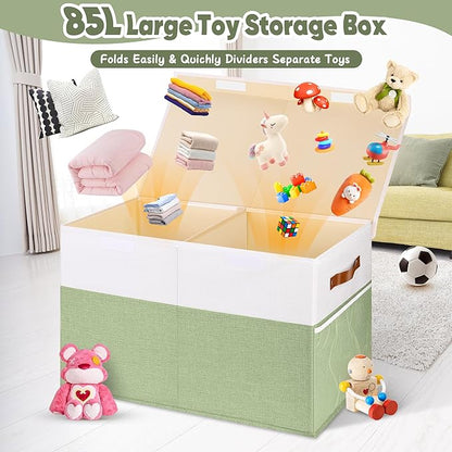 Large Toy Storage Box, Collapsible Sturdy Toys Storage Chest With Mesh, 25x13x16 Kids Toy Storage Organizer, Extra Large Toy Chest Box Bin Basket for Kids, Boys, Girls, Nursery(Green and White)