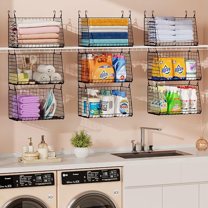 3-Pack Hanging Laundry Baskets, Foldable Metal Wire Shelves with 360° Rotating Hooks, Space-Saving Over Washer/Dryer or Closet Storage for Laundry Room & Closet Organization, Black