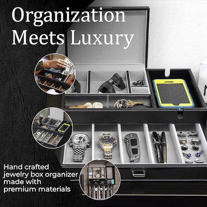 HOUNDSBAY Admiral Dresser Valet Box & Mens Jewelry Box Organizer with Large Smartphone Charging Station (Grey)