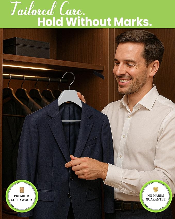 All Hung Up Hangers - Wooden Hangers with Clips for Women, Solid Wood Skirt & Suit Hangers, Heavy-Duty Adjustable Non-Slip Design with Velvet Grip, White with Black Velvet, 6 pcs