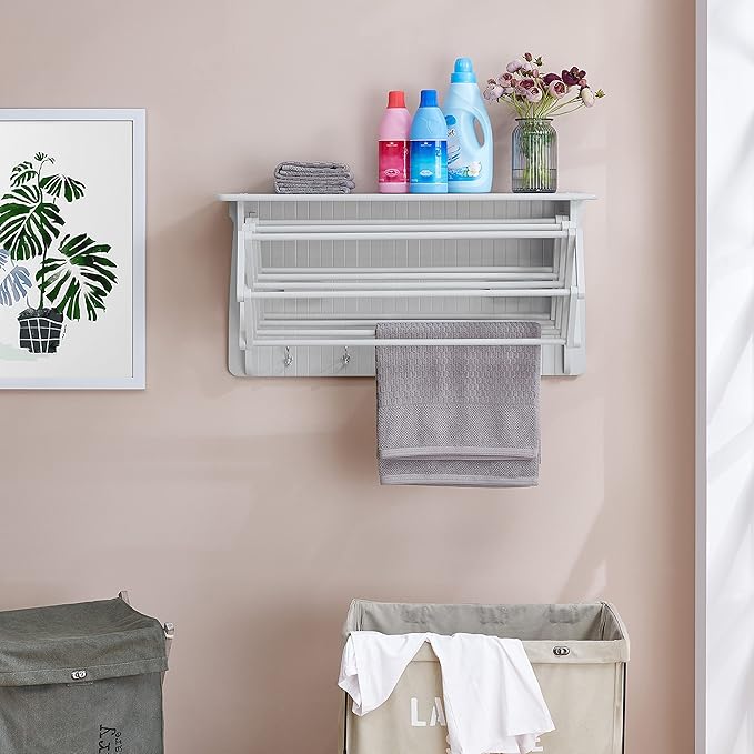 Danya B Accordion Clothes Drying Rack, Retractable, Wall Mounted Towel Rack and Hooks for Clothes and Towels for use in Laundry Room or Garage (White)
