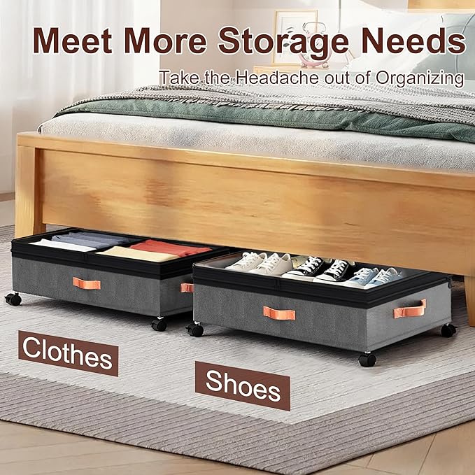 VXEAPADE 2 Pack 70L XXL Under Bed Storage with Wheels - Extra Large UnderBed Storage Containers with Clear Lid & Label, Rolling Storage Bins for Clothes, Shoes, Blankets - Grey