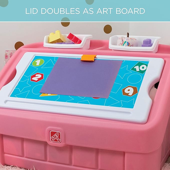 Step2 2-in-1 Toy Box & Art Lid, Kids Toy Storage Bin & Organizer, Easel & Chest in One, Made of Durable Plastic, For Toddlers 2+ Years Old, Pink