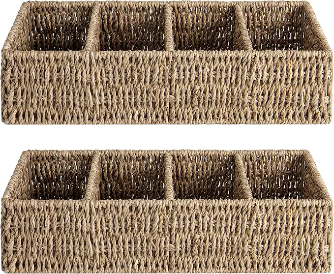 StorageWorks Small Wicker Basket for Organizing with 4-Section, Natural Seagrass Storage Baskets with Dividers for Pantry Shelves, 2-Pack