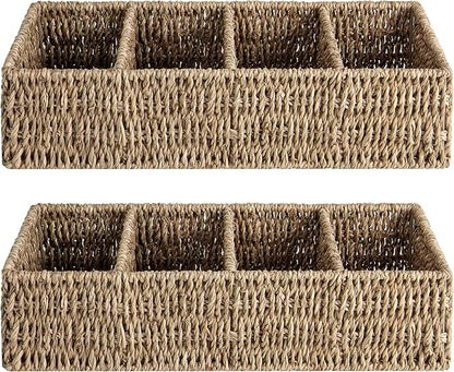 StorageWorks Small Wicker Basket for Organizing with 4-Section, Natural Seagrass Storage Baskets with Dividers for Pantry Shelves, 2-Pack